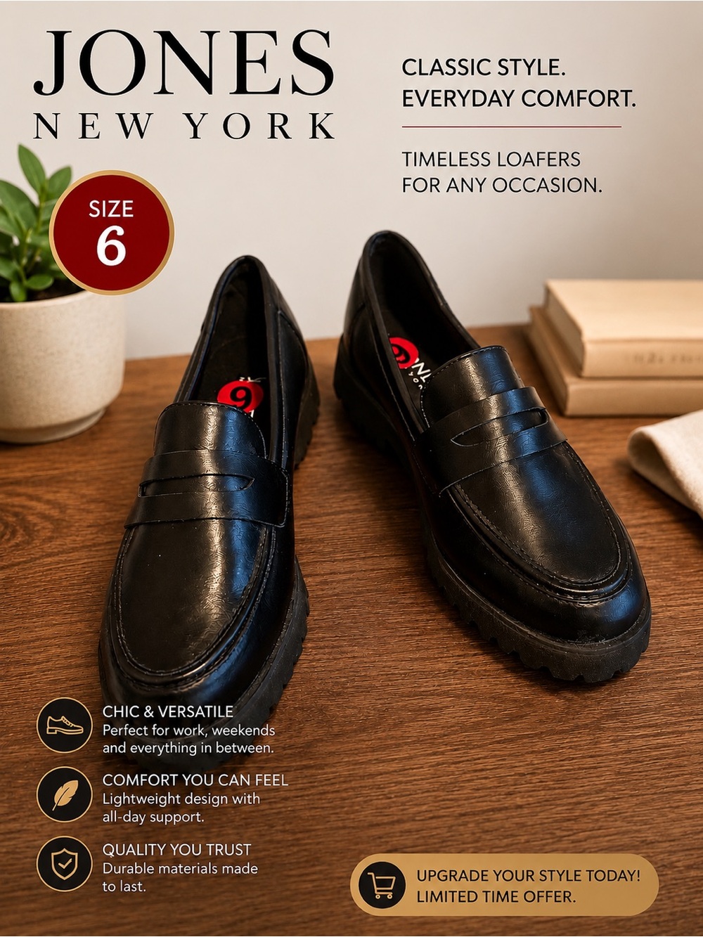 Jones New York Black Leather Lug-Sole Penny Loafers